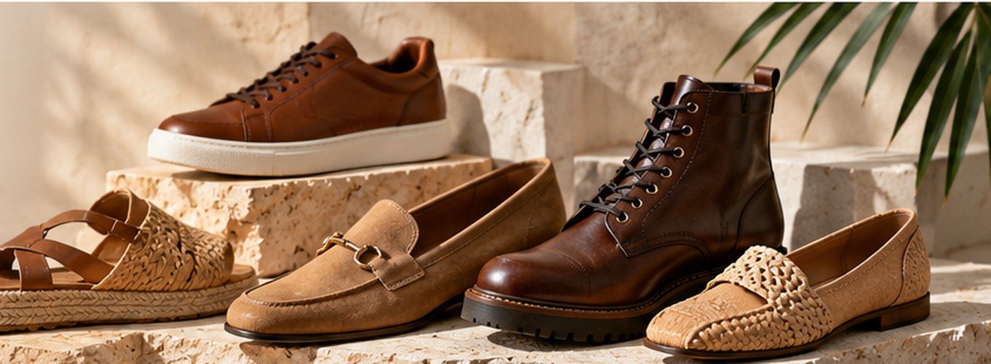 Illustrative concept scene featuring sneakers, boots, loafers and sandals in warm neutral tones
