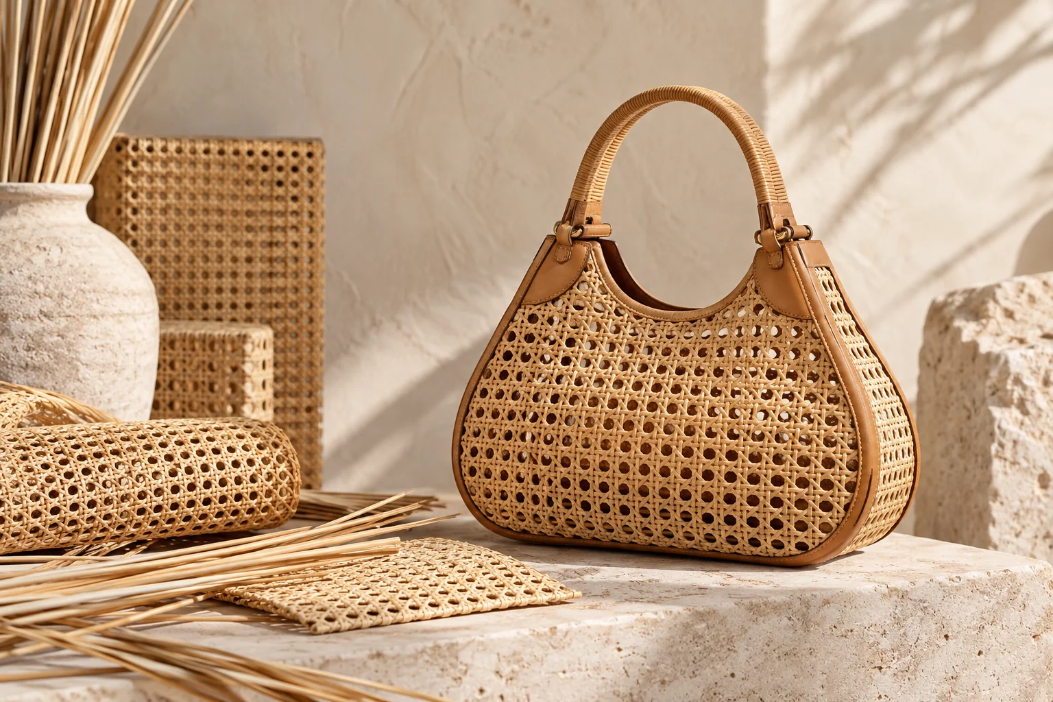 Woven cane surfaces and structured artisan bag