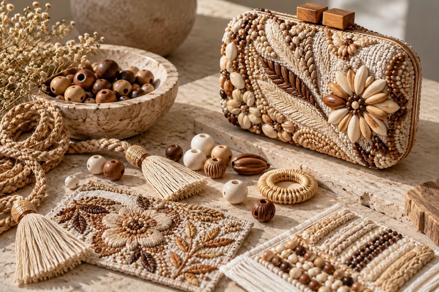 Embellished clutch and beaded craft details