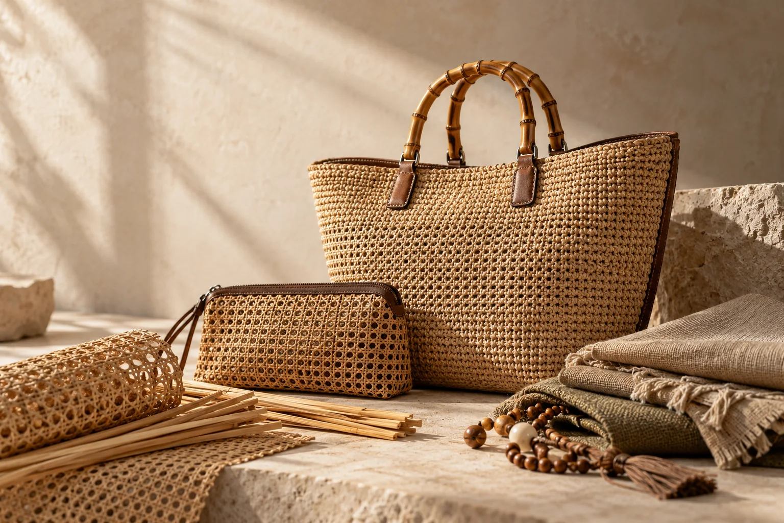 Woven raffia tote and clutch concept