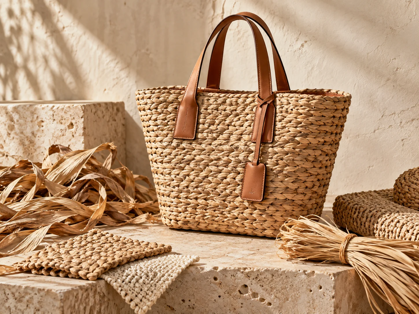 Natural fibre tote with braided plant-based material swatches