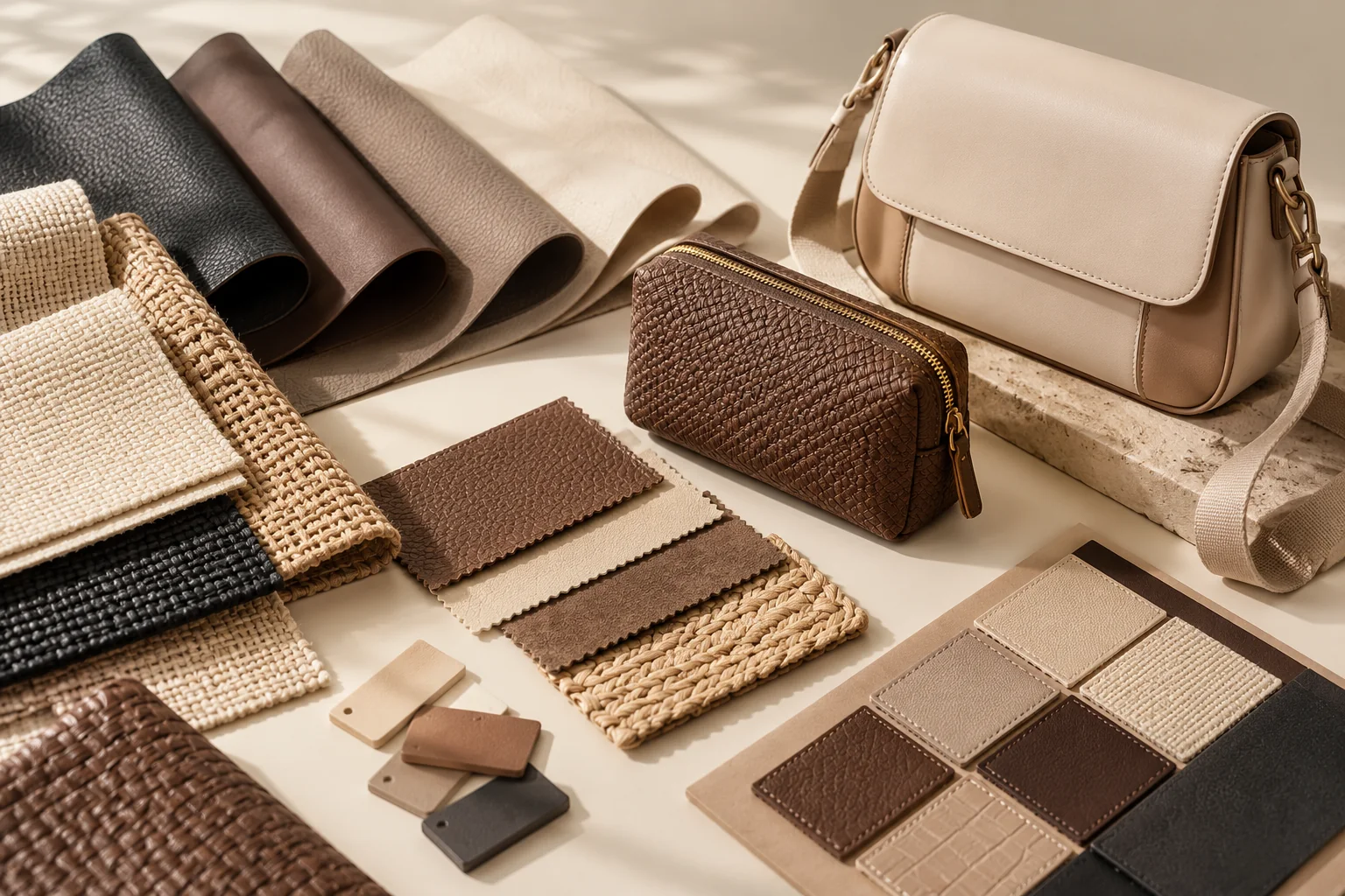 Vegan material sample palette and a finished crossbody bag